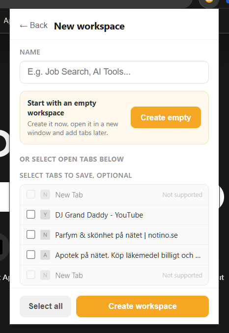 LaunchTabs new workspace screen showing the create empty workspace option