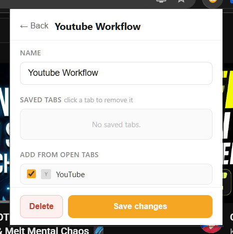 LaunchTabs edit workspace screen where open tabs can be added to an existing workspace