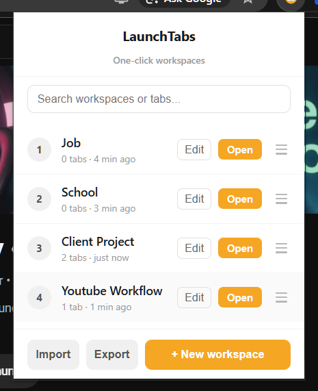 LaunchTabs workspace overview with saved workspaces, open buttons, import, export and drag handles